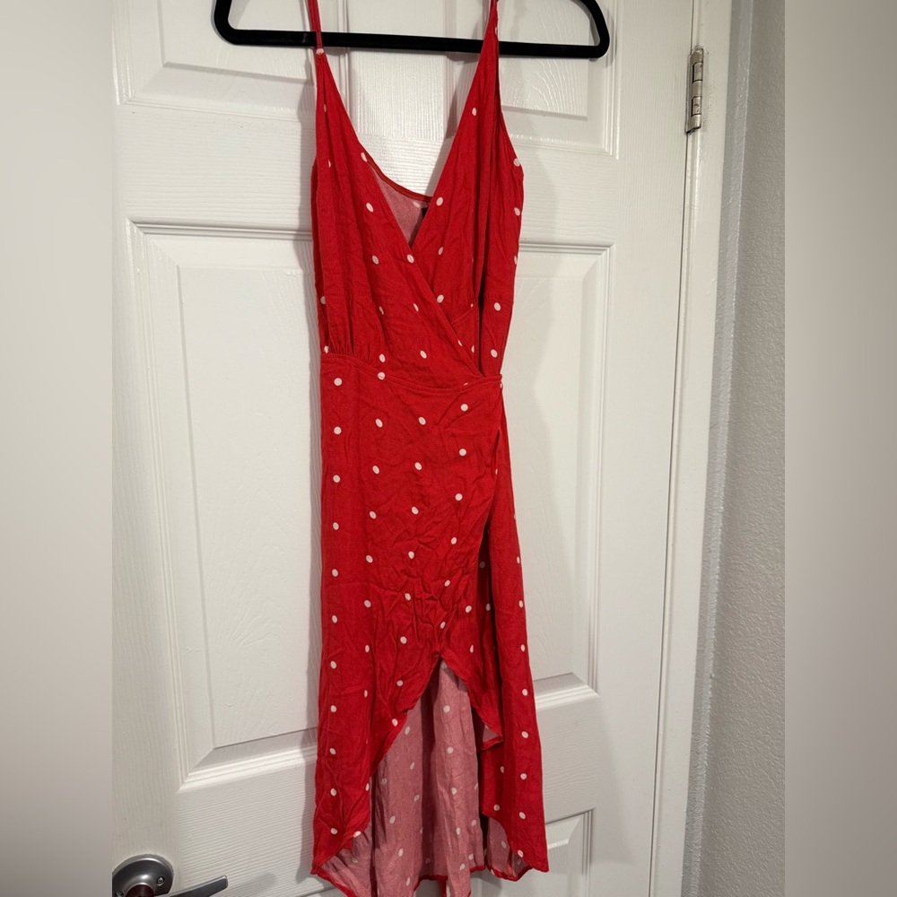 Reformation Red Asymmetrical Dress with White Dots S